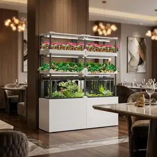 Vertical balcony aquaponics tower with strawberries and greens