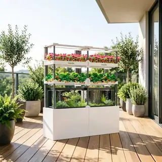 Indoor aquaponics system with fish tank and LED-lit plants