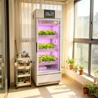 Household hydroponic grow chamber with LED-lit shelves
